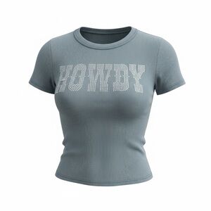 Stitch & Pine Howdy Rhinestone Top Gray Ribbed Western Tee Y2K Stagecoach Sz M